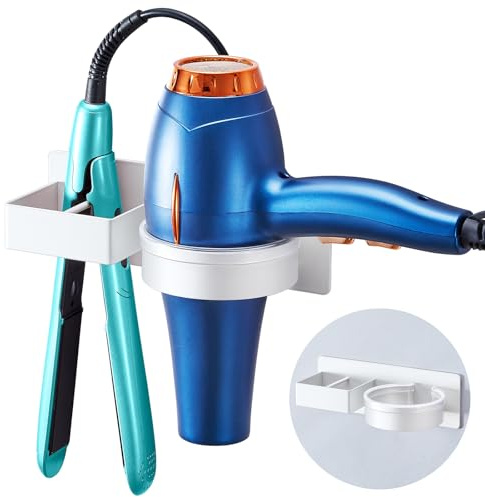 YYBO Hairdryer and Straightener Holder, Hair Dryer Holders Hair Straighteners Holder Wall Mount, Hairdryer Holders Station, Bathroom Hair Tools Organiser Adhesive Hair Dryer Stand (White)