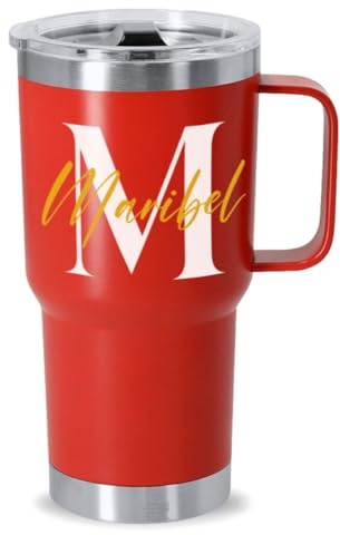 DEREGALOOS. Taza Térmica Personalizada con Inicial y Nombre. Termo Personalizado. Acero Inoxidable Reciclado 600ml. Regalo para Pareja, Amigos. Ideal para Oficina, Gimnasio (Rojo)