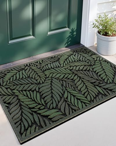 DEXI Front Door Mat Outside Entrance 17x30, Rubber Entry Doormat Heavy Duty Non Slip, Welcome Entryway Mats Dirt Trapping for Exterior Patio Garage, Green Leaves