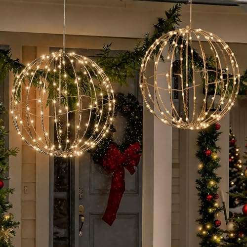 2 Pack Twinkle Orbs Battery Operated, LED Twinkle Orbs - Waterproof Hanging Christmas Light Balls for Outdoor Decor, Patio, Garden, and Festivals(2*Warm,15.75 inch)