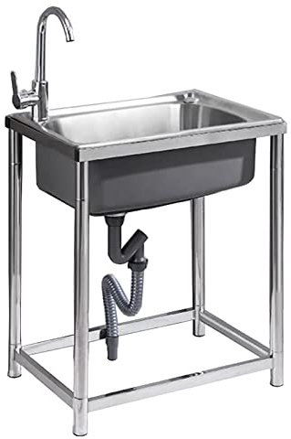 ASerZenith Lavello Indipendente in Acciaio Inox, Lavello Indipendente con Vasca Singola, Stazione Lavamani in Acciaio Inox con Tubo Flessibile, per Hotel/Ristoranti/Cateri