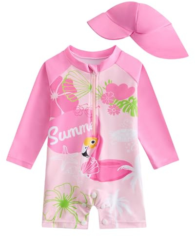 WYTbaby Costume da bagno per bambina con protezione solare a maniche lunghe a pezzo unico con chiusura a scatto per neonati da 3 mesi a 3 anni, Fenicottero rosa , 6 mesi