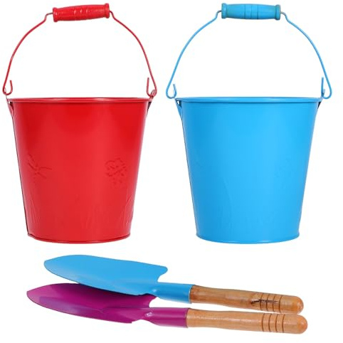 Alasum Set 4 Pezzi Secchielli da Spiaggia in Ferro Colorato con 2 Pale Ergonomiche, Mini Secchielli da Esterno per Giochi sulla Sabbia e Attività All’aperto per Bimbi Colore Casuale