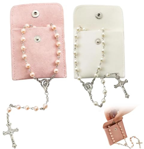 2Pcs White & Pink Pearl Beads Rosary Roses Mystery Beads Prayer Necklace | Rosary Beads Catholic Cross Necklace with Collection Bags, Confirmation Gifts for Teenage Girls Women Bestie
