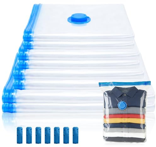 Vakuumbeutel für Kleidung,8 Stück(2x Jumbo100x80cm, 2 x Groß 80x60cm, 2 x Mittelgroß 70x50cm, 2 x Klein 60x40cm), Wiederverwendbar, Platzsparend für Kleidung, Bettdecken & Reise