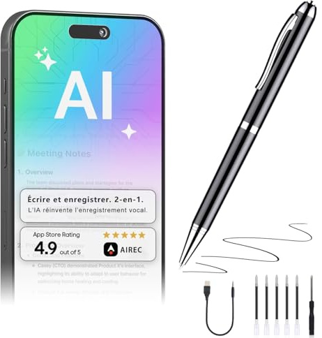 Stylo dictaphone avec Transcription Via Application, Micro 360°, Enregistrement 1 clic, Traduction en Temps réel, Batterie 10 h, mémoire 16 Go, pour réunions, Cours et entretiens