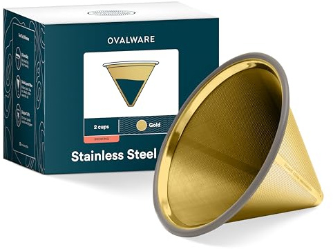 OVALWARE Paperless Stainless Steel Pour Over Coffee Filter – Reusable and Permanent Coffee Cone Dripper for Ovalware, Chemex, Hario and Other Carafes (Titanium Gold)