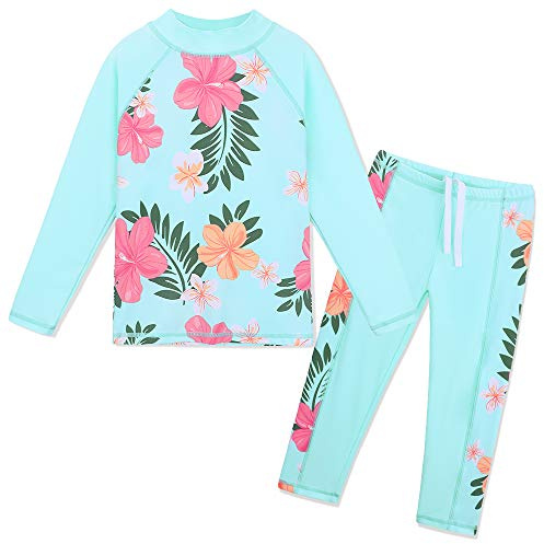 HUAANIUE Girls 3-12 Years 2PC Swimwear Set Long Sleeve Swimsuit Kids Print Flower Sunsuit 50+UV Sun Protection Swimming Cosutme(CyanFlower,14A)
