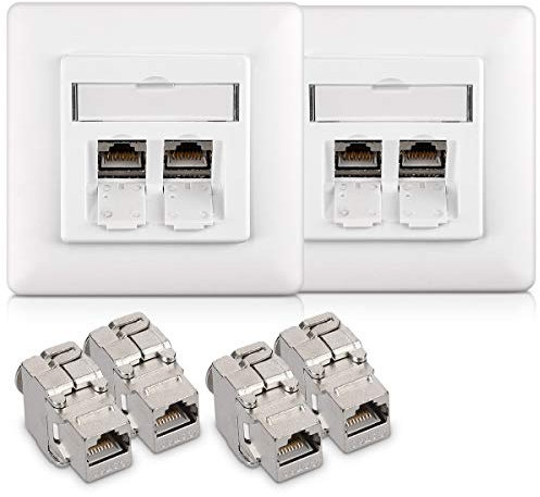 kwmobile Keystone Dose Modul Set - 4X Keystone Modul 2X Netzwerkdose CAT 6A Kabel - 10Gibt/s geschirmt Metall Gehäuse RJ45 Schnappverschluss