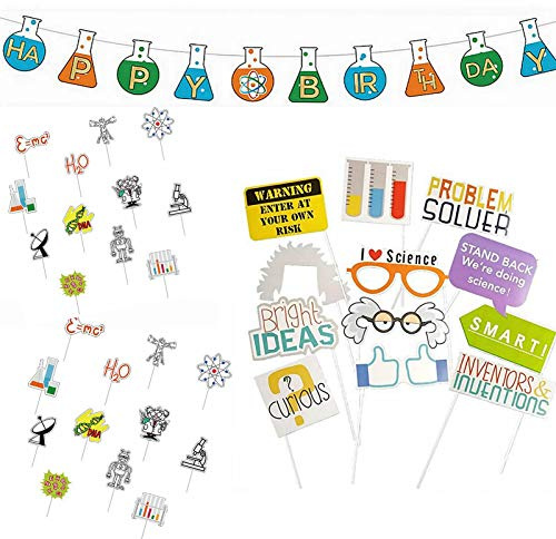 YiiiGoood Science Theme Birthday Decoration Kit Birthday Banner Cupcake Toppers PhotoBooth Props Mad Science Decorations for Mad Scientist Chemistry Laboratory Theme Party