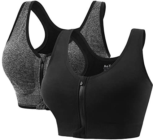 AoToZan 2 Pack Women Sports Bras High Impact Seamless Wireless Padded Yoga Bralette, Zip Front Fastening Workout Running Gym Top Bra (Black Grey, L)