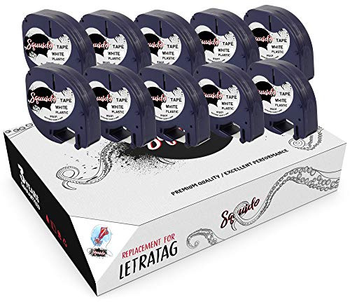 Squuido 10 Kassetten Schwarz auf Weiß Schriftbander 12mm x 4m Kunststoff kompatibel mit Dymo LetraTag LT-100H LT-100T LT-110T Plus 2000 QX50 XR XM