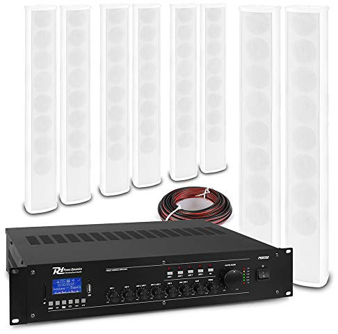 Power Dynamics ICS8 Column Speaker System & PRM360 6-Channel Amplifier Set - Complete 8-Speaker PA Kit With Bluetooth, USB, AUX, Ideal For Offices, Churches & Commercial Sound Installations
