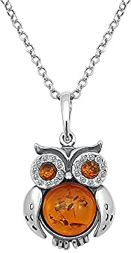 Kiara Jewellery Eulen-Anhänger aus 925er-Sterlingsilber, mit braunem baltischem Bernstein und Zirkonia, an italienischer Kette 45,7 cm langer Sterlingsilber