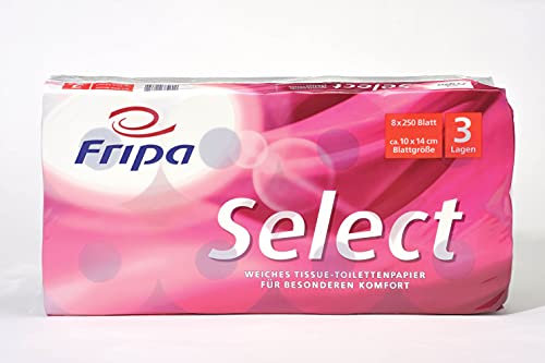 Fripa Select - Papel higiénico (8 x 250 hojas, 3 capas, 100% celulosa, certificado PEFC, color blanco brillante)