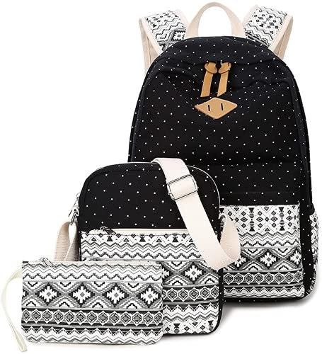 3pcs Schulrucksack Set Bohemian Book Bag, Polka Dot Kawaii Daypack Backpack Girl Teen Student Cute Cross Body Lunch Bag Pouch Boho Schulter Tote Geldbörse Federmäppchen (Schwarz)