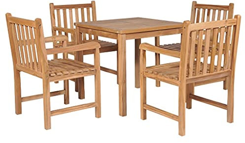 TEWTX7 5-TLG Garten-Essgruppe mit Tisch und 4 Stühle für Garten und Terrasse, Bistro-Set mit Rückenlehnen, Holz Sitzgruppe Gartengarnitur, Teak Massivholz, 80 x 80 x 77 cm