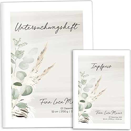OLGS U-Heft & Impfpasshüllen Set | Dünengräser | Ideales Babygeschenk | Schutzhülle für den Untersuchungsheft und Impfpass mit Namen und Geburtsdatum (U-Heft Set personalisiert, Erfrischend)