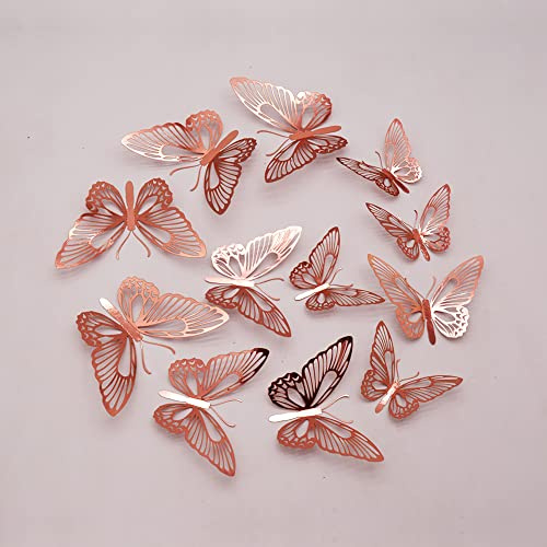 Pengcen 72 adesivi da parete con farfalle 3D in 3 misure rimovibili, decorazione per camera da letto e matrimonio, motivo J (oro rosa)