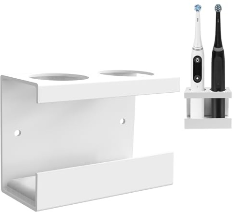 Linkidea Wall Mount Electric Toothbrush Holder for Bathroom, 2 Slots Aluminum Alloy Hanger, Self Adhesive Organizer Compatible with Oral-B iO Series (White)