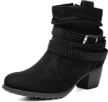 VJH confort Women's Mid Calf Boots, Round Toe Comfort Low Heel Slouchy Dress Zip booties with Jeweled Strap(Black,9)