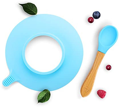 Kleiner Fuchs Bambus Kinder Löffel und Silikon-Saugnapf Set, Silikon Baby Löffel und Saugnapf Set kombinierbar mit all unseren Teller -und Schüsselsets, Baby & Kinderbesteck ab 1 Jahr, Farbe: Hellblau