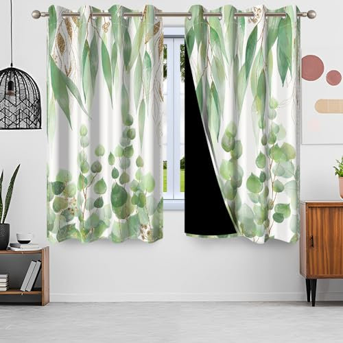 Uiiooazy Gardinen Eukalyptus, Vorhang Grün Blätter Pflanzen Textil Vorhänge Blickdicht Polyester Gardine Verdunklungsvorhänge mit Ösen für Wohnzimmer Schlazimmer Fenster Balkon 2er Set, 140x245cm