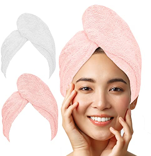 LUXTOGO® Haarturban-Premium Haarhandtuch 100% Baumwolle, Hochwertiges Turban Handtuch mit Knopf und Gummizug, Super Saugfähiges Kopfhandtuch (2 STK Weiß+Rosa)