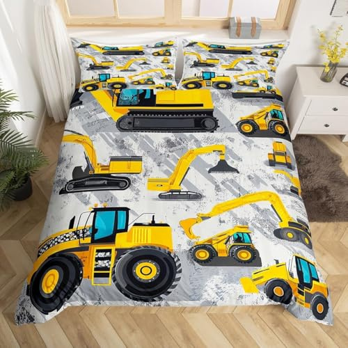 Ensemble de Literie Camion 140x200 Housse de Couette Construction Excavator Pour Garçons,Parure de Lit Véhicule Tracteur Pour Enfants Adolescents,Housse Couette Grunge Bulldozer de Crane,Gris Jaune
