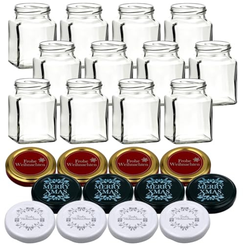 gouveo 12er Set Einmachgläser 314 ml (0,31 l) Einmachglas 314 ml eckig Twist-Off Schraubdeckel TO 63 mit weihnachtlichen Motiv-Deckeln, Klarglas-Vorratsgläser für Marmelade & Gewürze (Set 4)