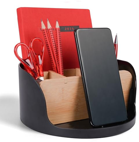 LIVONDO ECO Schreibtisch Organizer | Tisch- Büro- Kosmetik- Organizer | Handy & Tablet Halterung | Stiftehalter Schreibtisch | Briefablage| Büro Organizer | home office storage (rund, schwarz)