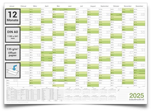 Wandkalender 2025 DIN A0 groß (1189x840mm) Jahreskalender im XXL quer Format gefaltet. Jahresplaner 2025 Kalender in deutscher Sprache von Kalenderoutlet