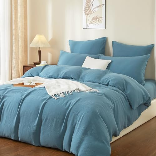 Boqingzhu Doppelte Muslin Bettwäsche 135x200 cm Petrol Blau Baumwolle – Temperaturregulierend Atmungsaktiv Weich– Winter Sommer Bettbezug mit Reißverschluss & 1x Kissenbezug 80x80