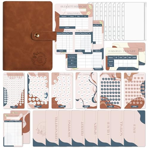 BIROYAL A6 Budget Planner Deutsch, Geld Sparen mit 6 Sparchallenge, Braun | Budget Binder mit Sicherer Druckknopf-Verschluss, Finanzplaner Haushaltsbuch, Sparbuch für Geld mit Umschlagmethode