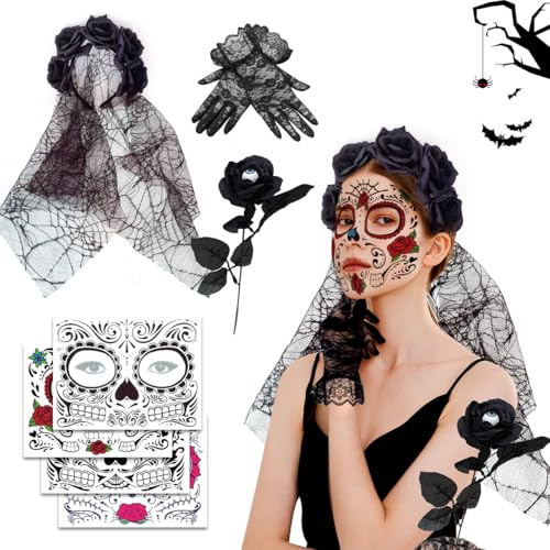 XLZJYIJ Bandeau Jour des Morts Halloween, Serre Tete Fete des Morts avec Tatouage Halloween Gants de Dentelle Roses Noires, Serre-Tête de D'halloween avec des Roses et Voile pour Halloween Accessoire