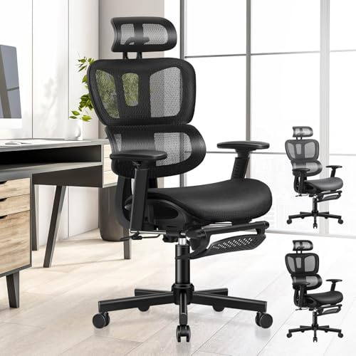 ALFORDSON Silla Oficina Ergonómica con Soporte Lumbar Ajustable, Silla Escritorio Ejecutiva Malla Grande y Alta, Reposabrazos Ajustables y Reposacabezas, para Reuniones Recepción(Negra)