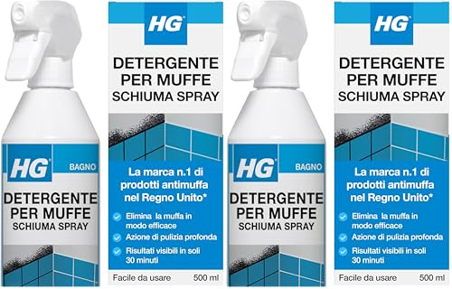 HG Schiuma spray per la rimozione della muffa e detergente, rimuove le macchie di muffa da pareti, piastrelle, guarnizioni del bagno e altro - 500 ml (632050106) (Confezione da 2)