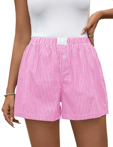 Rapbin Kurze Schlafhose Damen Komfortable Schlafshorts für 2026 Sommerliche aus weichem Baumwollstoff Streifen Rosa
