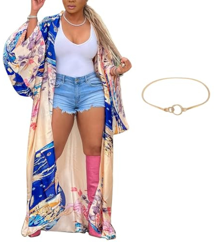 CRFASIBE Copricostume Lungo da Donna, Kimono Bohémien con Cintura, Caftano da Spiaggia Elegante, Ideale Come Copertura Bikini(Stile B)