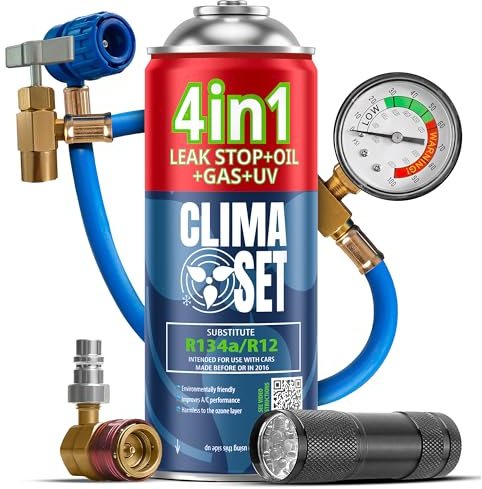 CLIMASET - KIT complet AC R134a 4 en 1, remplacement du gaz, pour voitures de 1994 à 2016 - ensemble complet - Produit d'étanchéité, colorant UV, réfrigérant - avec câble, adaptateur et lampe UV