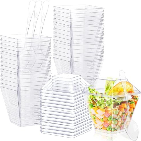 30 Piezas 60ml/2oz Vasitos para Postres con 30 Tapa y 30 Cucharas Reutilizables Vasitos para Postres Cristal Cucharas Aperitivo Catering Copas para Coctel de Marisco Candy Bar Tartaletas para Rellenar