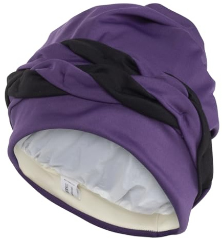 Fashy Exklusive Stoffbadehaube, zweifarbig Lila-Schwarz, mit Folieninnenhaube und Korddetail, 100% Polyester