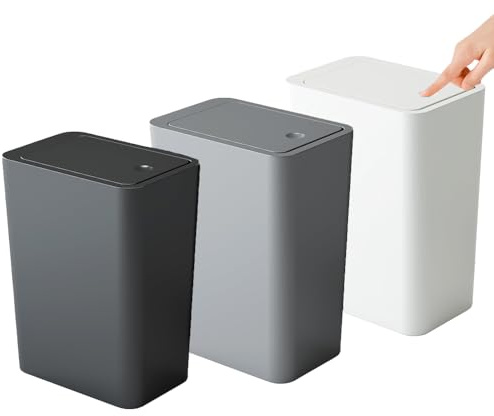 Kongming Mülleimer Bad 3 stück Mülleimer Küche Schmal, Badmülleimer 10L Abfalleimer mit Deckel Geruchsdicht für Küchen, Badezimmer, Büro, Wohnzimmer, Schlafzimmer, WC (Mülleimer Schwarz+Weiß +Grau)