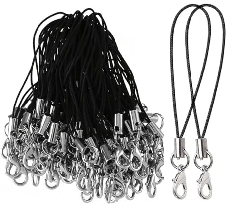 SGERUFZ 50 Pezzi Cordino Semplice per Cellulare con Portachiavi, Anello, Laccetti, Cinturino e Laccetto da Polso, Chiusura a moschettone, Portachiavi per Gioielli Fai-da-Te (Nero)