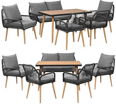 Swing&Harmonie® Gartenmöbel Lounge-Set „Sienna“ – Sitzgruppe mit Tisch, Sofa, Sesseln & Stühlen – wetterfest – Seilgeflecht – WPC-Tischplatte – Outdoor Essgruppe (anthrazit/Holz, 6 Personen)