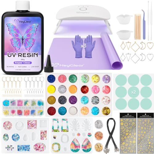 HeyClear UV Resin Set mit UV Lampe – 250g UV Harz für Schmuck selber machen | Vollständiges UV-Harz-Set mit Werkzeugen, Formen und Zubehör, klar, hart, geruchsarm, vorgemischt & schnellhärtend