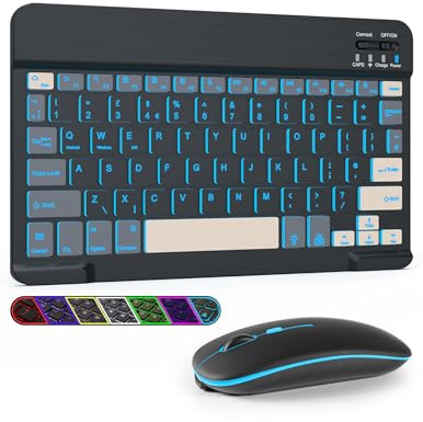 LAMA Clavier et souris sans fil rétroéclairés 7 couleurs, rechargeable ultra fin et universel, clavier Bluetooth portable pour iPad/tablette/iOS/Android/Windows/ordinateur portable/ordinateur de