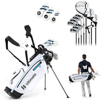 GOPLUS 15 delar komplett set med golfklubbor för män, golfset med drivrutin, fairway, hybrid, järn, putter och golfstandbag med förvaringsutrymme, bärbara golfträningsset för nybörjare och proffs (vit