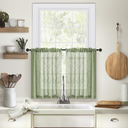 Treer Lot de 2 Rideaux Cuisine Brise-bise Courts Semi-Transparents Voilage Lin à Passe Tringle, Rideaux Intérieurs Moderne pour Petites Fenêtres Salle de Bain Salon Bistrot (Vert,63x63cm)