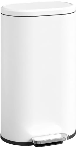 HOMCOM 30L Kitchen Bin 90° Stay-Open Lid Slim Rectangular Pedal Bin White | Soft-Close Lid, Removable Inner Bucket, for Home Office, Fingerprint-Resistant